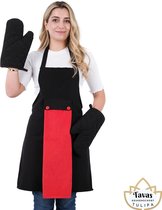 Tulipa zwarte Keukenschort Set van 3 met rode Handdoek en Ovenwanten Professioneel Verstelbaar Kookschort BBQ Schort Horecakwaliteit Schorten voor vrouwen One Size Fits All