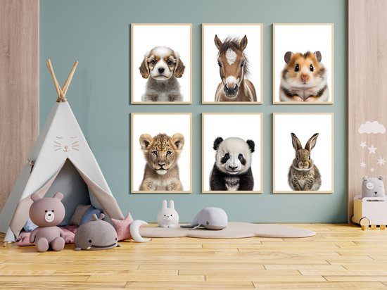 Posterset 6 baby dieren - Hond, hamster, paard, leeuw , konijn en pandabeer. Muurdecoratie kinderkamer. 30x40cm