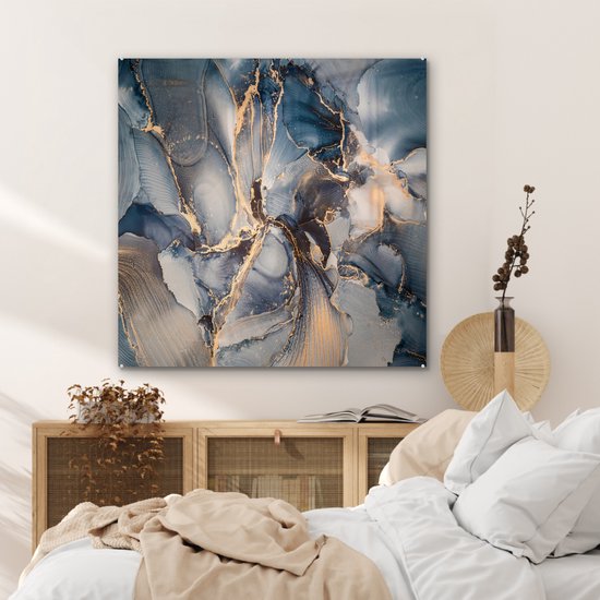MuchoWow® Peinture sur Verre - Marbre - Grijs - Blauw - Luxe - Or - 90x90 cm - Peintures sur Verre Acrylique - Photo sur Glas