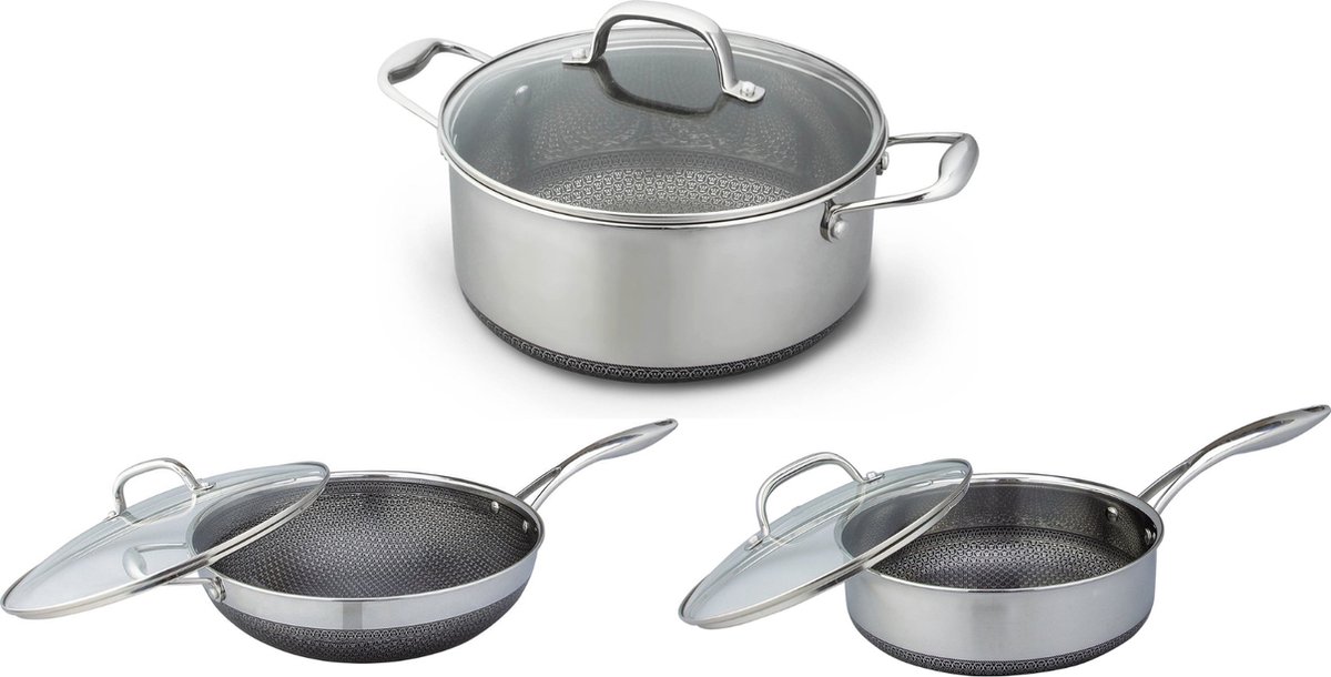 Westinghouse Black Signature 3-delige Pannenset – Kookpan Ø 24 cm + Hapjespan Ø 24 cm + Wokpan Ø 32 cm – Inductie – PFOA-vrij – Inclusief Deksel