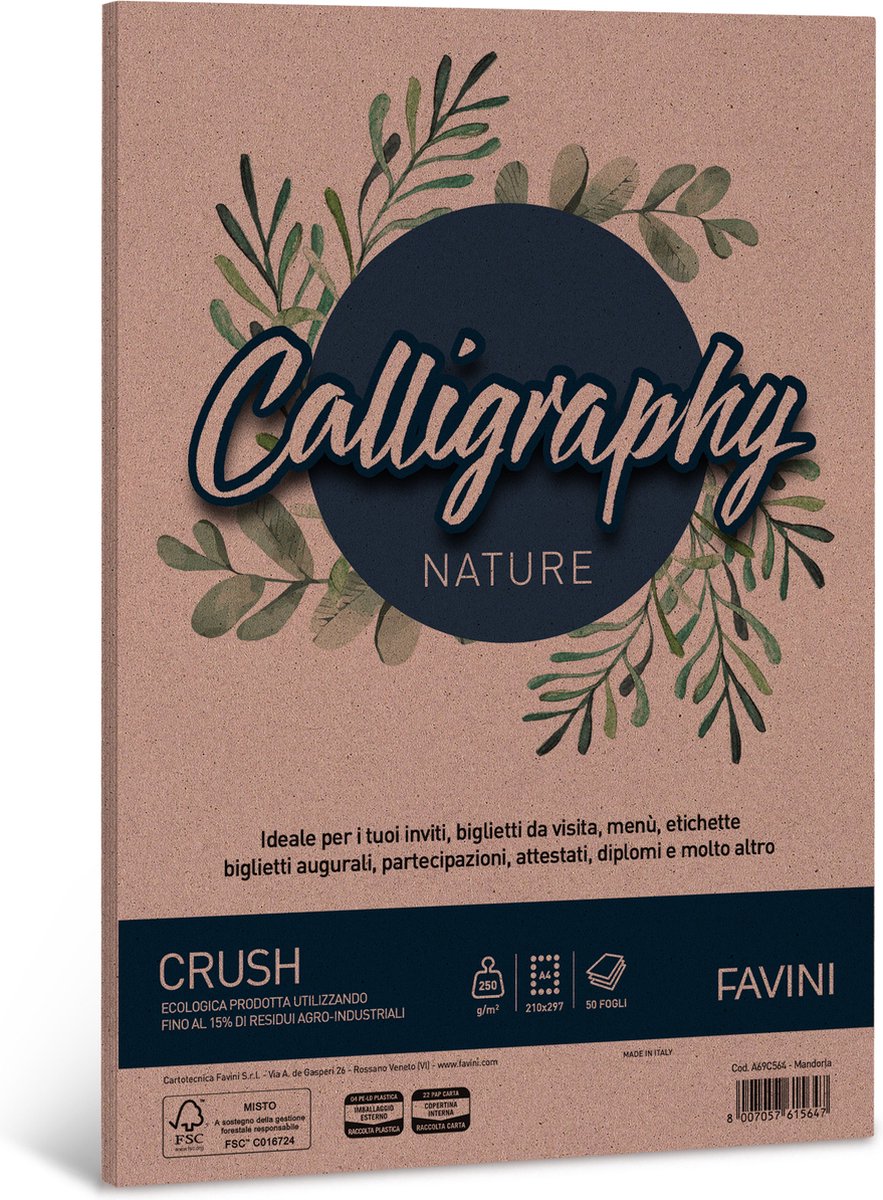 Favini® Crush Calligraphy Mandorla – Ecologisch Upcycle Papier – 50 Vellen A4 – 250 g/m² – Amandelbruin – 15% Gemalen Notenschalen – 40% Gerecycled Pulp – FSC – Inkjet & Laser Geschikt – Made in Italy