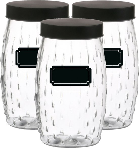 Voorraadpot/bewaarpot Mora - 6x - 2L - glas - zwart - incl. etiketten