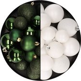 Kerstballen 60x stuks - mix donkergroen/wit - 4-5-6 cm - kunststof - kerstversiering