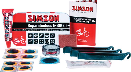 Simson reparatiedoos E-Bike compleet met tube lijm, pleisters, velglint, bandenlichters, schuurpapier en handleiding.