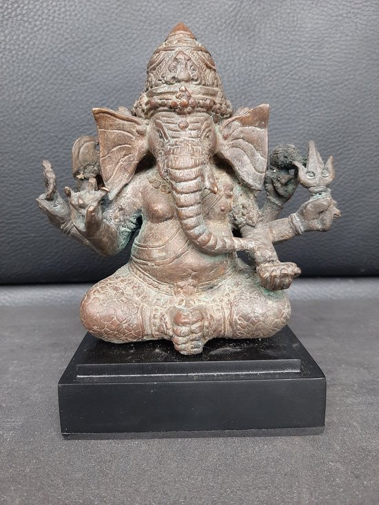 Statue en bronze/Ganesh/Ganapati à 3 faces sur socle en bois/Asie/Inde