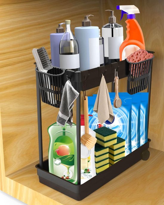 Plank voor onder de gootsteen, gootsteenorganizer op 2 niveaus, uittrekbare