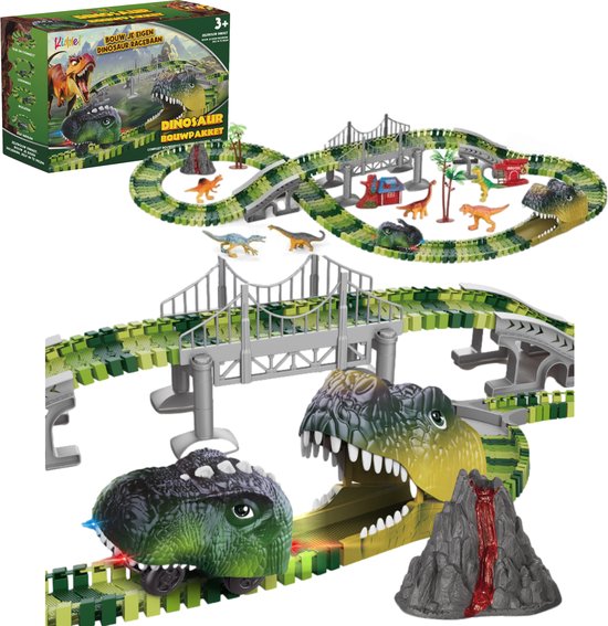 XL Dinosaurus Racebaan met auto - 183-Delig, Elektrische Dino Karts auto met LED, Uitbreidbaar & Flexibel Ontwerp met accesoires / bouwset 3 jaar 4 jaar dinosaurus speelgoedcadeau