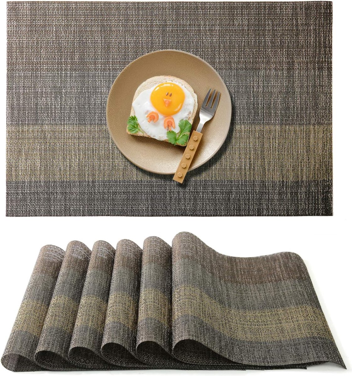 Placemat, afwasbaar, set van 6 stuks, antislip, afwasbaar, kunststof, 45 cm x 30 cm, zwart (grijs, 6 stuks)