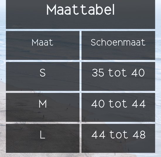 Tableau des tailles avec tailles de vêtements S, M, L et tailles de chaussures 35 à 40, 40 à 44, 44 à 48.