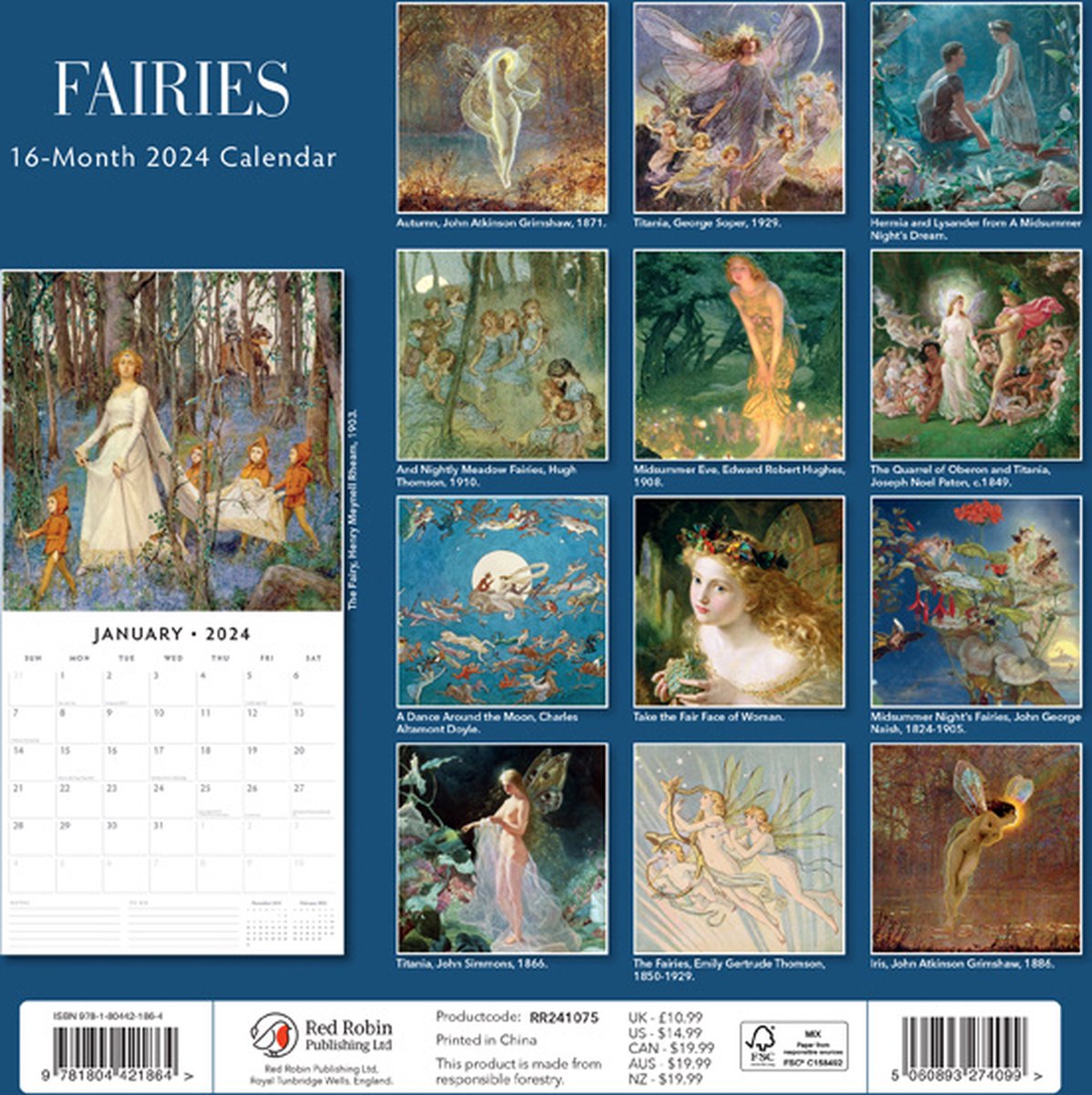 Calendrier Mural Fées 2024, 16 Mois