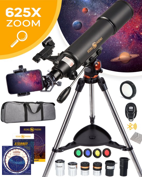 RP® Telescoop 625x Zoom incl 4 lenzen en Filterset - Sterrenkijker Volwassenen / Gevorderden - Verstelbaar Statief - Afstandsbediening, Planisfeer, Leerboek en Smartphone Adapter + Poster - CARBON