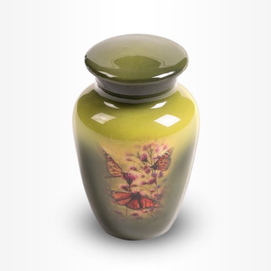 Crematie urn | Mini urn messing groen vlinders | Keepsake urn | 0.08 liter