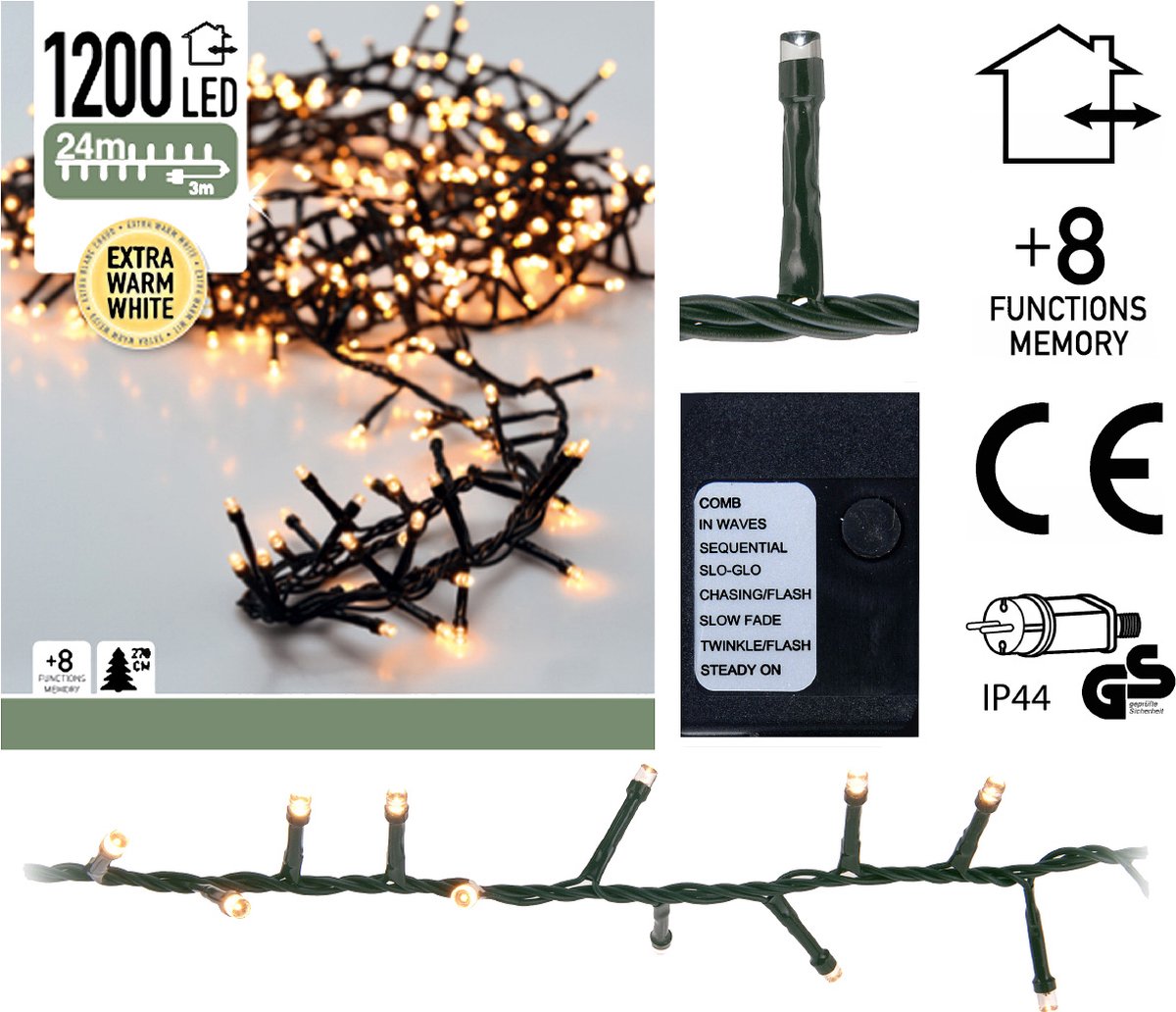 Bol.com Microcluster Kerstboomverlichting - 24 meter - 1200 LED - Extra Warm Wit - 8 Functies - Geheugen aanbieding