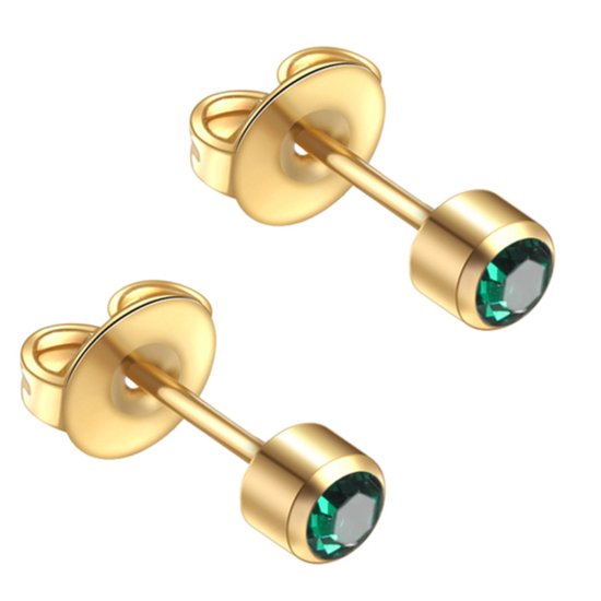 Stalen goudkleurige zweerknopjes met 3mm groen kleurig kristal steentje steriel verpakt geschikt voor oorschieter