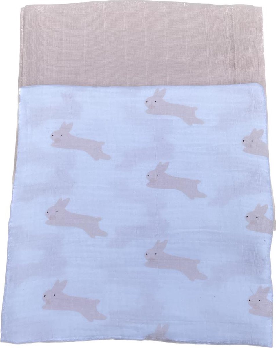 Goedkoopste Hydrofiele doek 120x120cm-bakerdoek -wikkeldoek-2stuks-print konijn-effen-roze