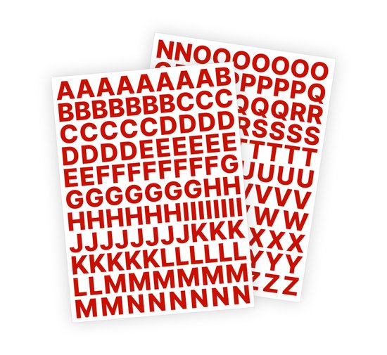 Twee vellen met rode, matglanzende stickervellen met het alfabet in een standaard lettertype. Letters zijn 2cm hoog.