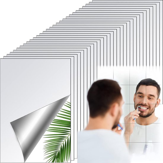 30 stuks spiegelbladeren, zelfklevend, flexibel, zonder glas, spiegel, tegels, spiegel, muurstickers voor in huis, badkamer, decoratie (14 x 9 cm)