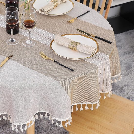 Fhberni Nappe ronde lourde, couleur unie, nappe décorative en coton et lin  pour cuisine, salle à manger, maison, décoration de table, crème, ronde 