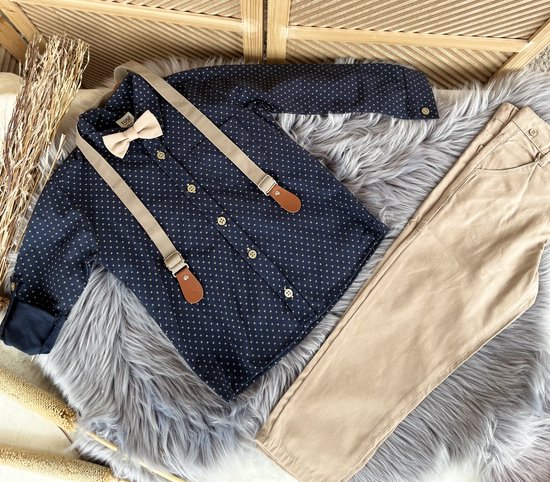 luxe vierdelige katoenen set-4 delig kinderpak- gestippeld overhemd, verstelbare bretels en vlinderdas- kostuumbroek (beige),hemd (donkerblauw)- feestoutfit-bruiloft-fotoshoot-verjaardag 3 jaar