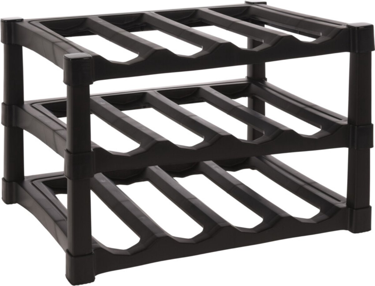 Excellent Houseware Wijnrek / flessenrek - Zwart - Kunststof - 39 x 30 x 25 cm voor 12x flessen
