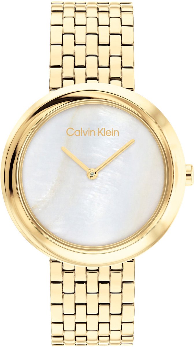 Calvin Klein CK25200321 Twisted bezel Dames Horloge - Mineraalglas - Staal - Goudkleurig - 34 mm breed - Quartz - Vouw-Vlindersluiting