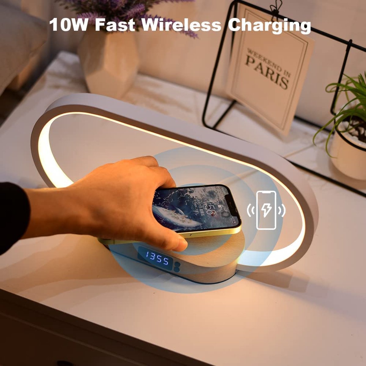 Lampe De Chevet Avec Chargeur Sans Fil Et Horloge - 3 Modes Lumière - Tactile Et USB - Bois/Blanc