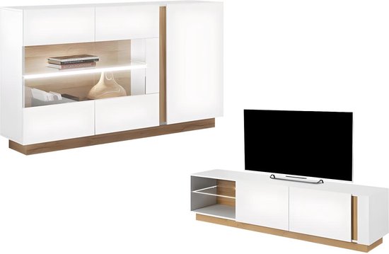 Set wit glanzend en naturelkleurige buffetkast en tv-meubel - Heldere woonkamer MURARI L 187.5 cm x H 90.5 cm x D 40 cm
