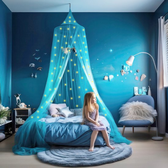 Blauwe Klamboe met 67 Glow in the Dark Sterren - Blauw Hemelbed voor Kinderkamer of Volwassenen - Sterrenhemel Sluier, Hemeltje en Bedtent - Baby Muggennet Decoratie — afbeelding 5