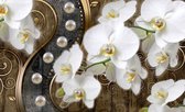 Fotobehang - Vlies Behang - Orchideeën en Parels in Luxe Ornament - Kunst - 312 x 219 cm