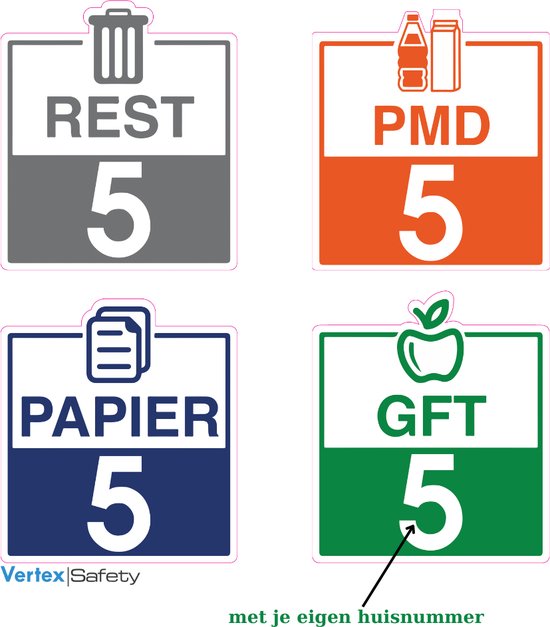 Vertex Sticker Containerstickers Met Eigen Huisnummer – 4 Stuks – Papier – GFT – Restafval – PMD