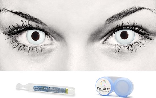 Twee witte Partylens® lenzen, een Regard 1 day lensvloeistof en een Partylens® lenshouder.