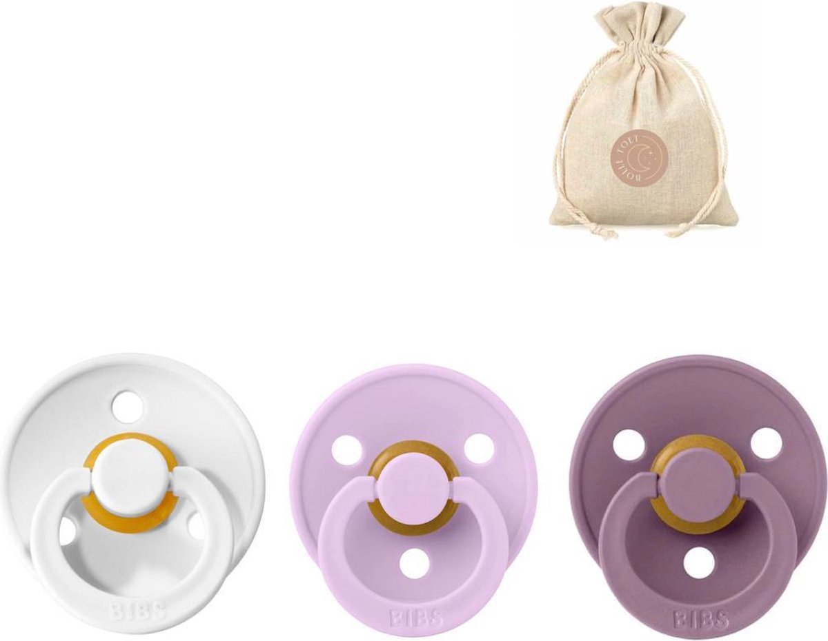 Goedkoopste BIBS spenen T1 met speenzakje - White, Violet Sky en Mauve - 0 tot 6 maanden