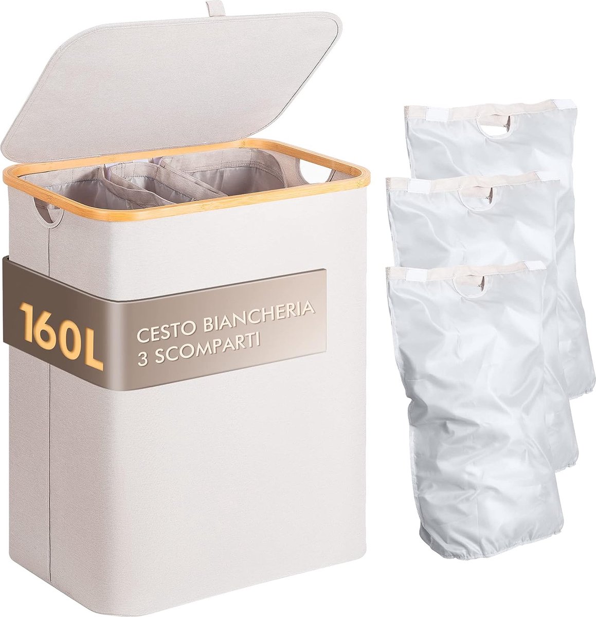 Goedkoopste Wasmand met Deksel 160 Liter 3 Zakken - Natuurlijke Bamboe - Uitneembare Waszak - Opvouwbare Wasverzamelaar - Beige