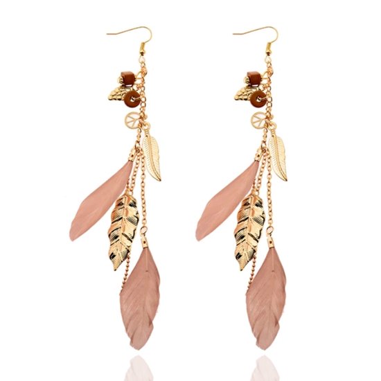 Boucles d'oreilles Deja avec Chaînes, Charms et Plumes - Goud & Marron