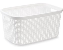 Plasticforte Wasmand - 35 liter - rotan - wit - kunststof - 53 x 36 x 26 cm - draagmand - met handvatten - lichtgewicht