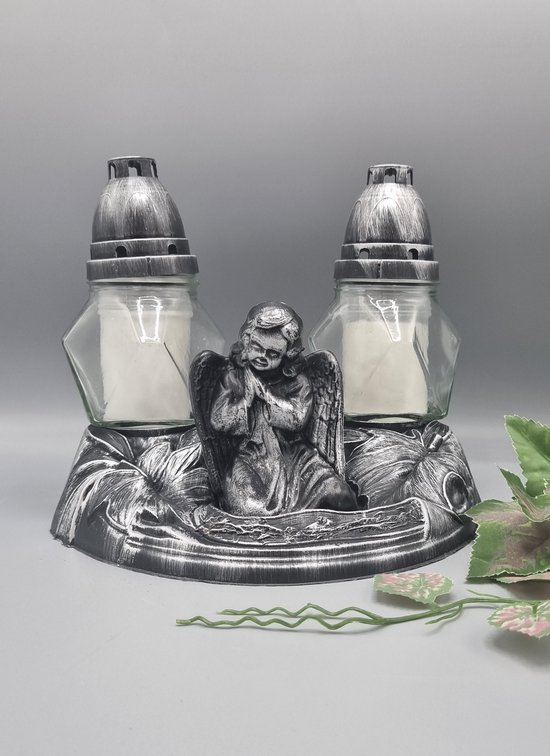 Lampe commémorative - Ange - avec 2 lumières - Argent - Bougie tombale - Lumière tombale - Lanterne funéraire - Décoration funéraire - Lumière du vent