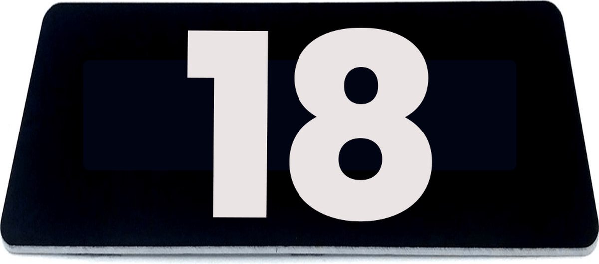 Nummerplaatje 18 - 80 x 50 x 1,6 mm - Zwart/wit - incl. 3M-tape | Nummerbordje - Deur en kamernummer - brievenbusnummers - Gratis verzending - 5 jaar garantie | Gratis Verzending