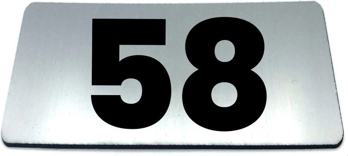 Nummerplaatje 58 - 80 x 50 x 1,6 mm - RVS-look geborsteld - Incl. 3M-tape | Nummerbordje - Deur en kamernummer - brievenbusnummers - Gratis verzending - 5 jaar garantie | Gratis Verzending