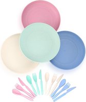 Set of 4 Crockery Plates, Shatterproof Plates, Breakfast Plate Set with Fork, Knife, Spoon for Toddlers, Adults, BPA Free, Eco-Friendly,