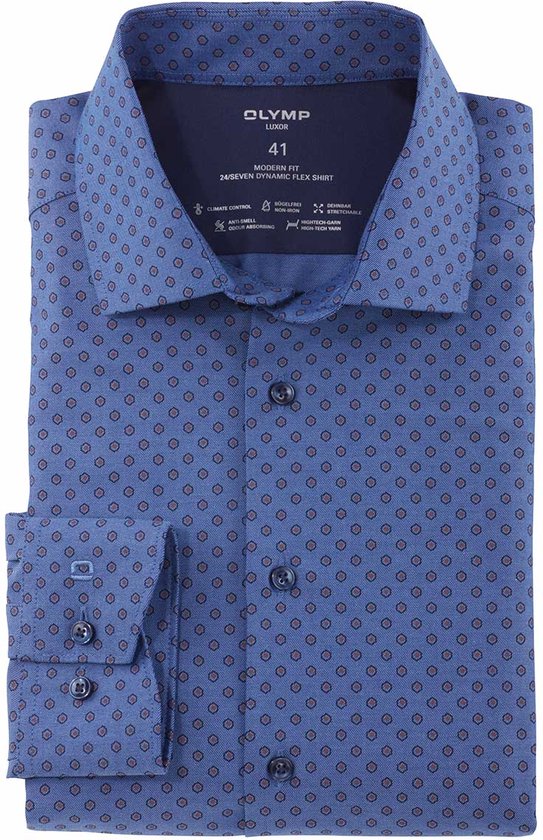 OLYMP 24/7 modern fit overhemd - twill - blauw met roestbruin dessin - Strijkvriendelijk - Boordmaat: 44