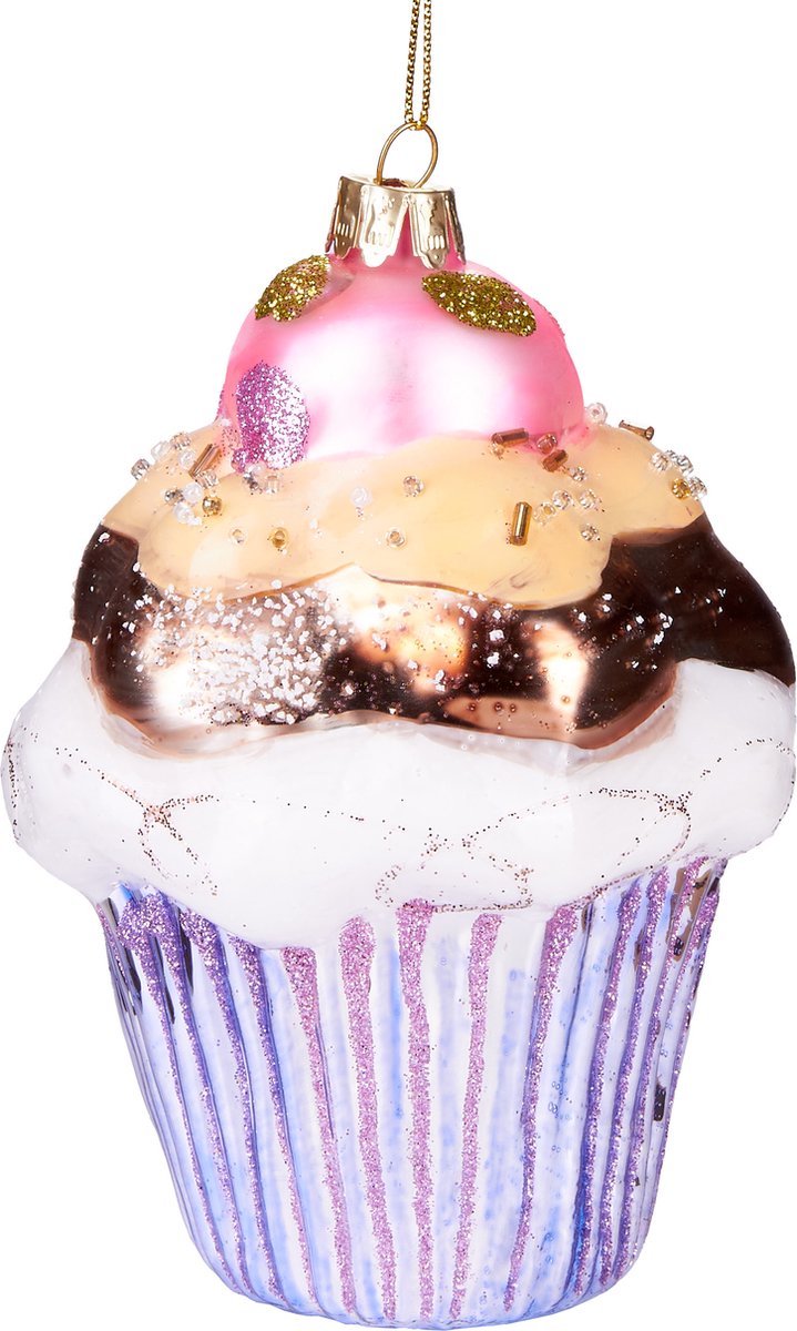 BRUBAKER Cupcake - Handgeschilderde Glazen Kerstbal - Handgeblazen Kerstversiering - Grappige Kersthanger - Kerstboom Decoratie - 13 cm