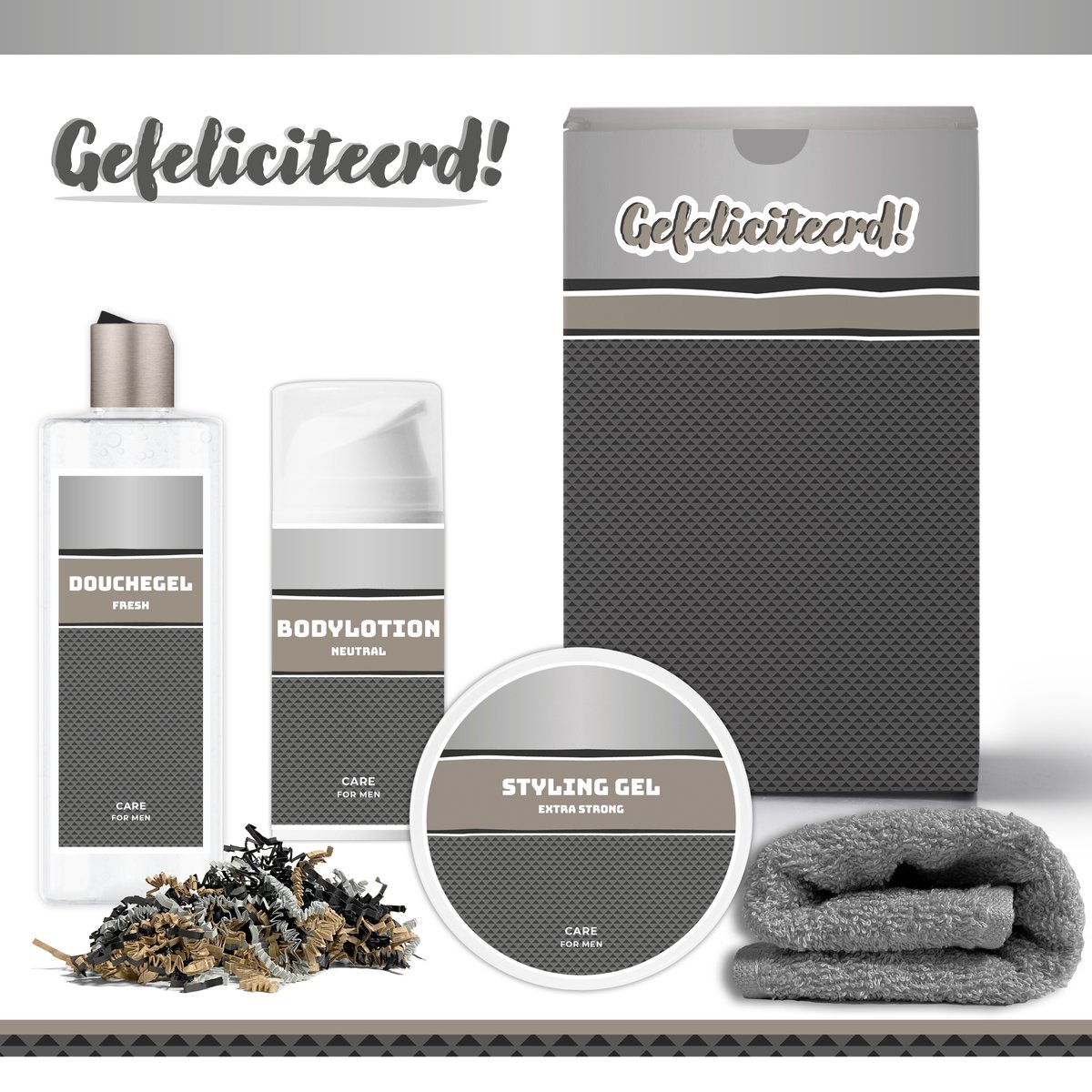 Goedkoopste Geschenkset Gefeliciteerd! - 4 Producten - 650 Gram | Giftset voor hem - Luxe cadeaubox man - Douchegel - Bodylotion - Styling Gel - Verjaardag - Vader Vriend Collega - Wellness Pakket Cadeaudoos - Geslaagd - Diploma - Rijbewijs - Antraciet Zilver