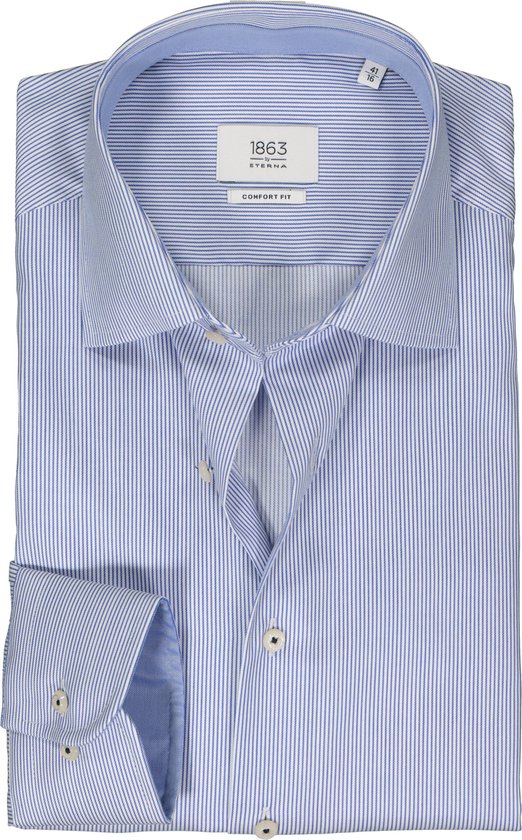ETERNA comfort fit overhemd - twill - middenblauw gestreept (contrast) - Strijkvrij - Boordmaat: 50