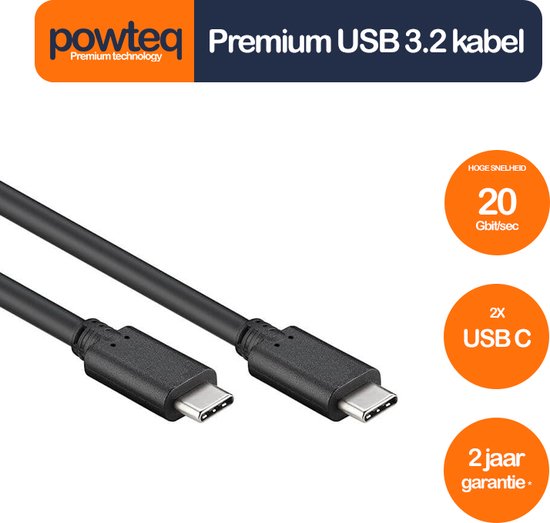 Powteq - 2 meter premium USB 3.2 kabel - Zwart - USB C kabel