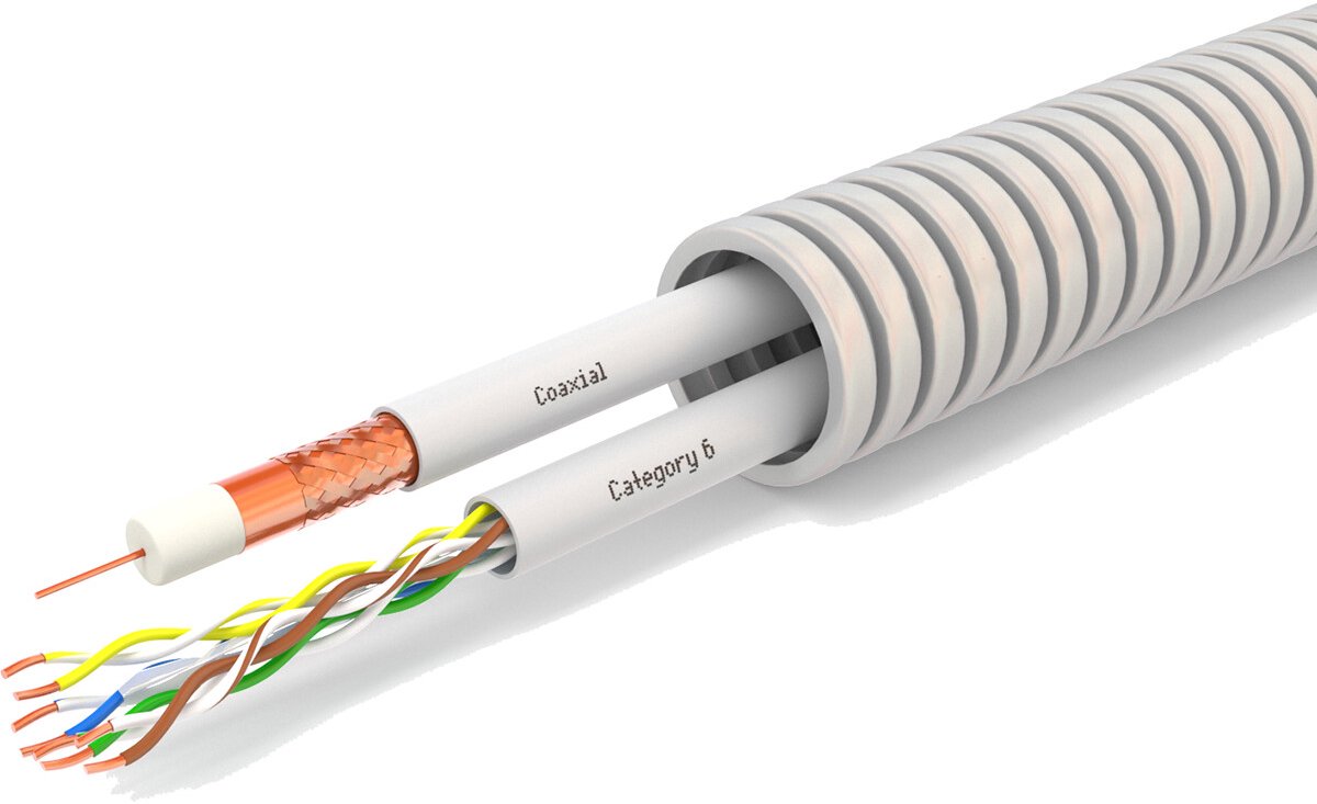 Flexibele Buis met CAT6 + Coax - Voorbedrade Flexbuis - 1x UTP CAT6 U/UTP + 1x Coax Kabel - 20mm - 100 Meter