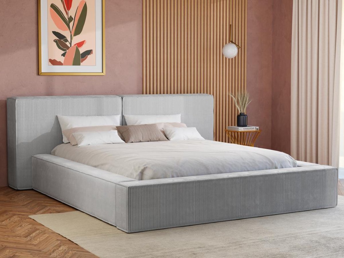PASCAL MORABITO Bed met opbergruimte 180 x 200 cm - Ribfluweel - Lichtgrijs + matras - TIMANO L 246 cm x H 90 cm x D 252 cm