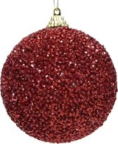Decoris Kerst rode glitter/kralen kerstballen 8 cm kunststof - Onbreekbare kerstballen - Kerstboomversiering rood