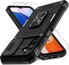 foto van Podec Hoesje Geschikt voor Samsung Galaxy A14 Zwart Telefoonhoesje - Anti-Shock Case Cover Hybrid Armor Hoes met Kickstand Ring met Screenprotector