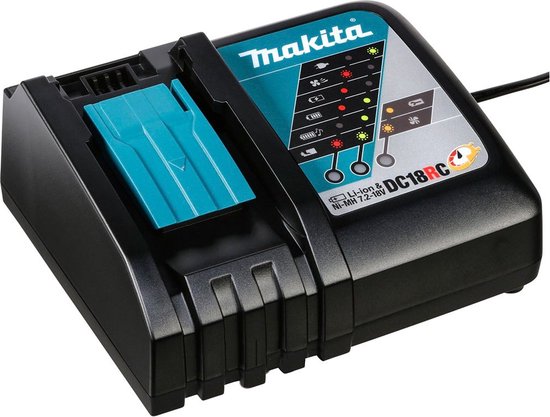 Zwarte Makita DC18RC snellader met turquoise batterijhouder, indicatielampjes en stroomkabel.