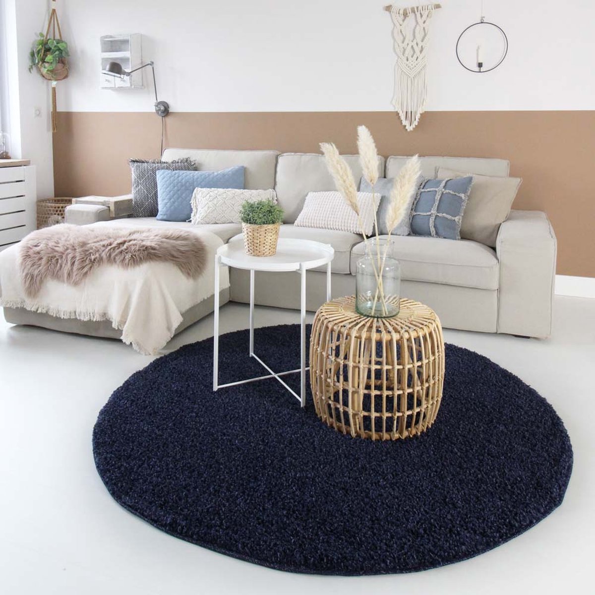 Hoogpolig vloerkleed shaggy Trend effen rond - marineblauw 160 cm